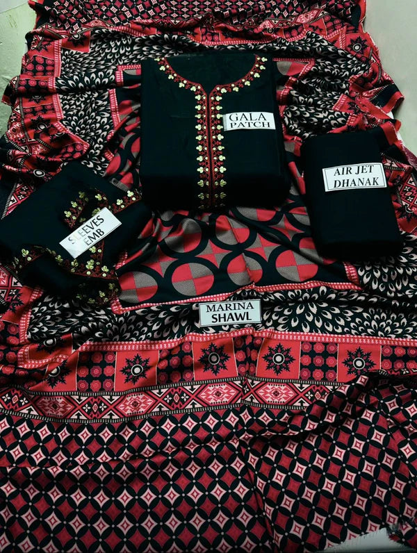 3 Piece Unstitched Embroidered Dhanak Suit