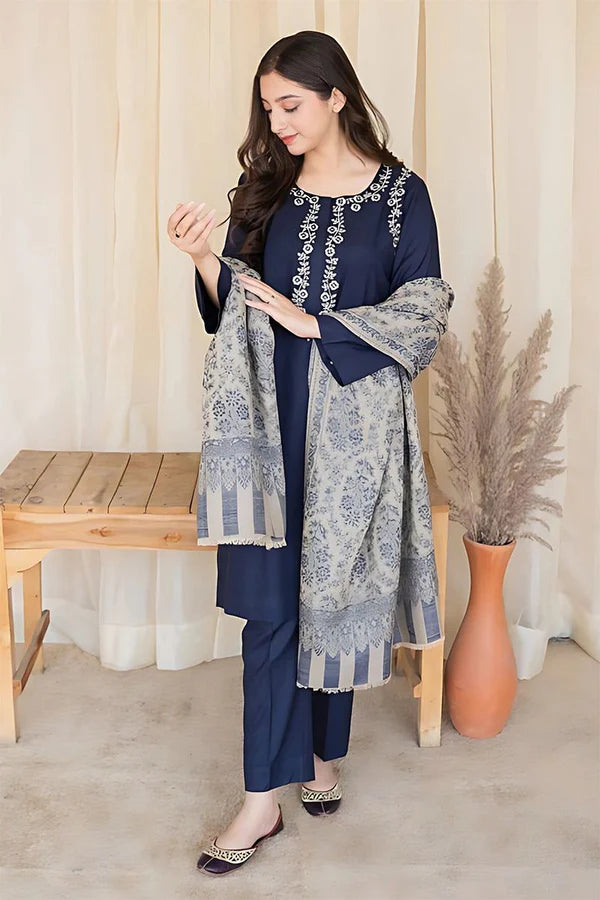 AISLING - 3PC DHANAK EMBROIDERED SHIRT WITH SLUB WOOL PRINTED SHAWL AND TROUSER