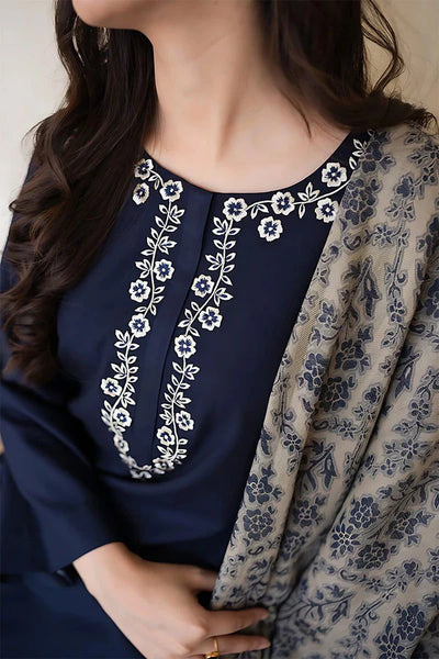 AISLING - 3PC DHANAK EMBROIDERED SHIRT WITH SLUB WOOL PRINTED SHAWL AND TROUSER